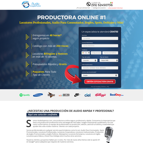 Recording studio design with the title 'Landing Page Design'