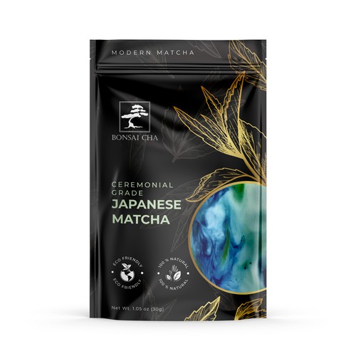 Leaf packaging with the title 'Bonsai Cha Matcha Packaging Design'