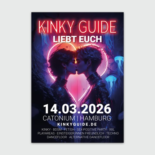Techno design with the title 'KINKY GUIDE — Love Each Other (Event Poster)'