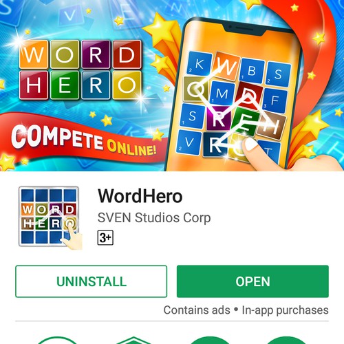 Game design artwork with the title 'Word Hero Feature Graphic'