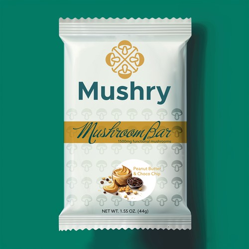 Protein bar packaging with the title 'Mushry'