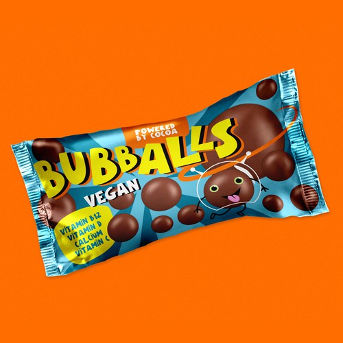 Cartoon packaging with the title 'Packaging for "Bubbals" choco balls'
