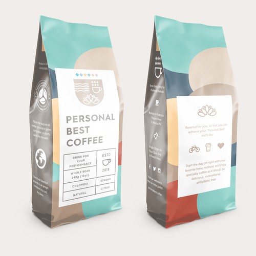 Shop packaging with the title 'Personal Best Coffee - Bag Design'
