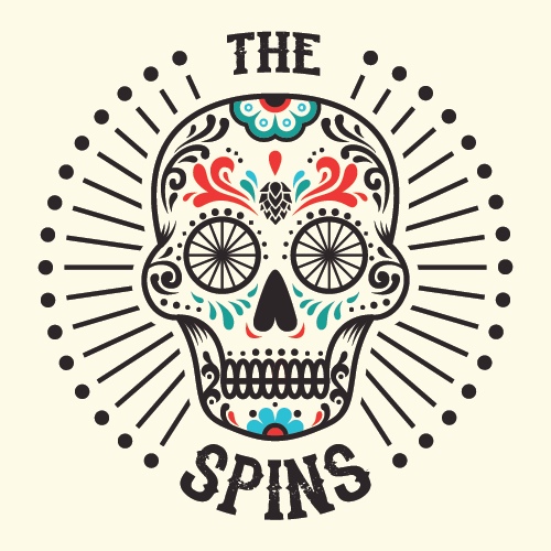 Sugar skull design with the title 'The Spins'