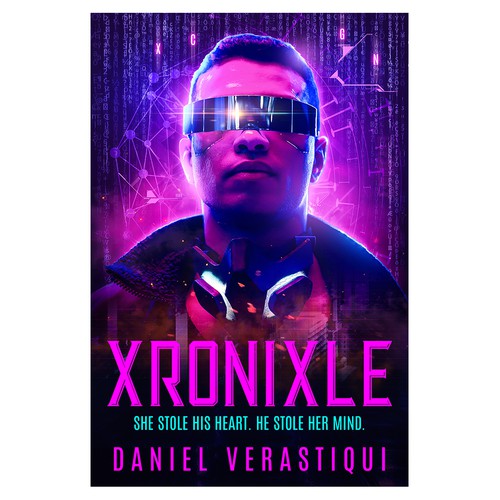 Futuristic book cover with the title 'Xronixle - Cyberpunk Novel Cover Design'