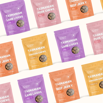 Vibrant Packaging Design for Tasmanian Dog Food Co.'s Healthy and Ethical Dog Treats