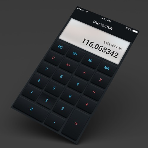 Calculator design with the title 'Design a winning intuitive UI for an iOS app'
