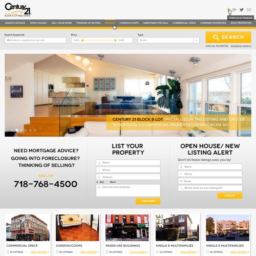 Real estate website with the title 'Help century 21 block & lot with a new website design'