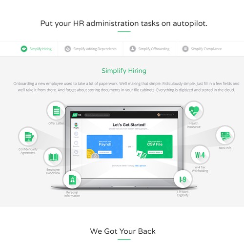 Green website with the title 'Website for HR software'