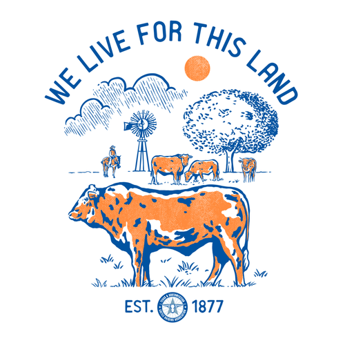 Cow design with the title 'We Live For This Land'