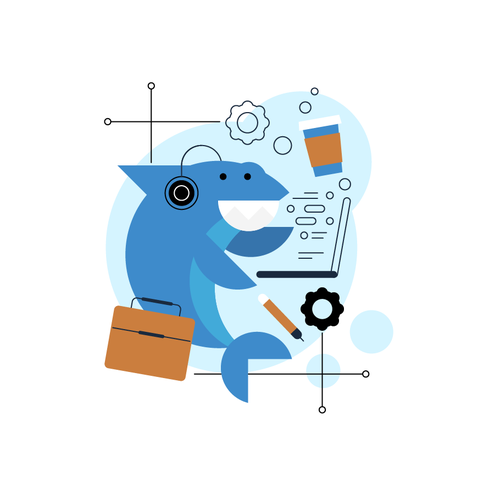 Flat design illustration with the title 'Shark character for IT service'