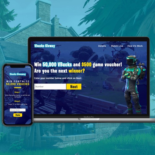 Interface design with the title 'Landing Page design for  fortnite Giveaway'