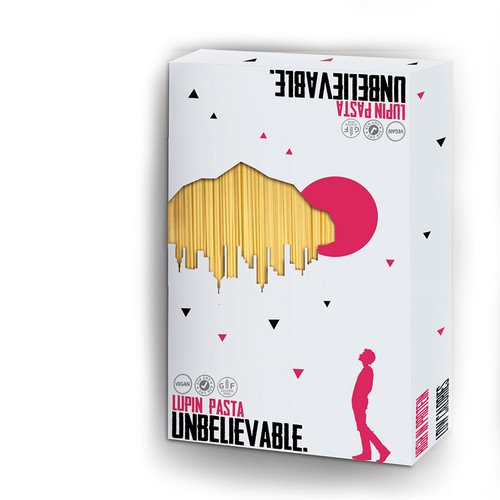 Noodles packaging with the title 'The UNBELIEVABLE lupin pasta'
