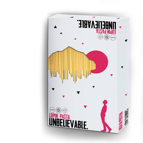 Pasta packaging with the title 'The UNBELIEVABLE lupin pasta'