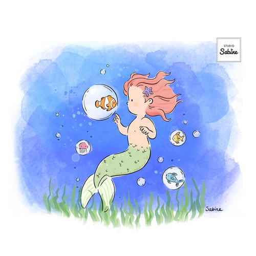 Mermaid artwork with the title 'Childrens illustration Little Mermaid'