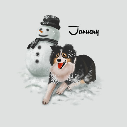 Paint illustration with the title 'Dog in the snow'