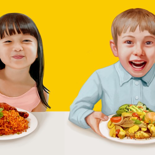 Food and drink artwork with the title 'Realistic illustration, children eating, '