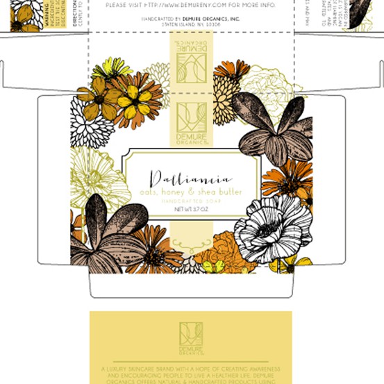 Flower packaging with the title 'Packaging Design for Demure Organics Inc.'