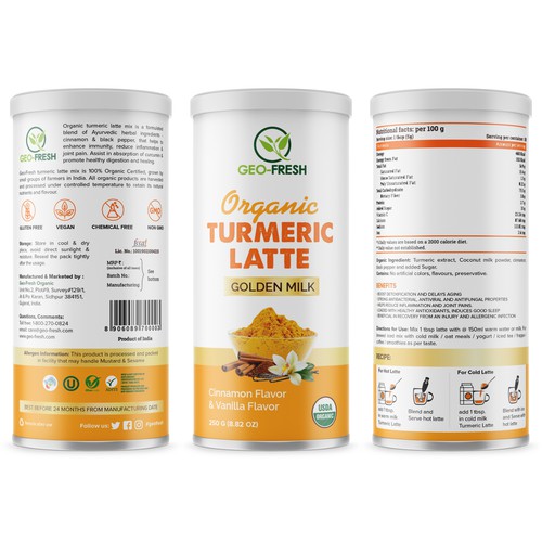 Orange label with the title 'Organic Turmeric Latte'