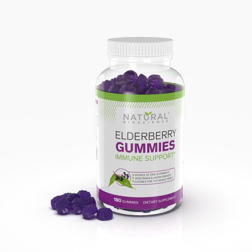 Plastic design with the title 'Elderberry Gummies'