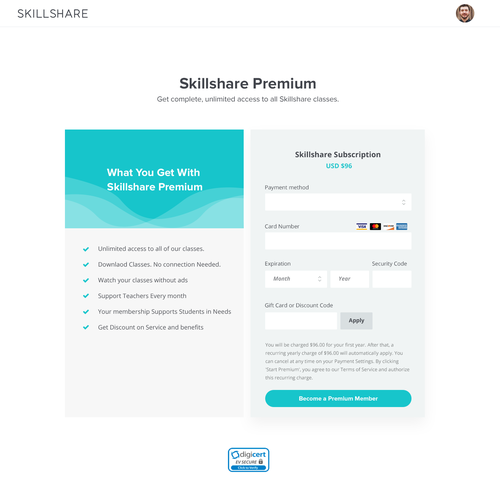 信用卡设计与标题“skillshare结帐页面”