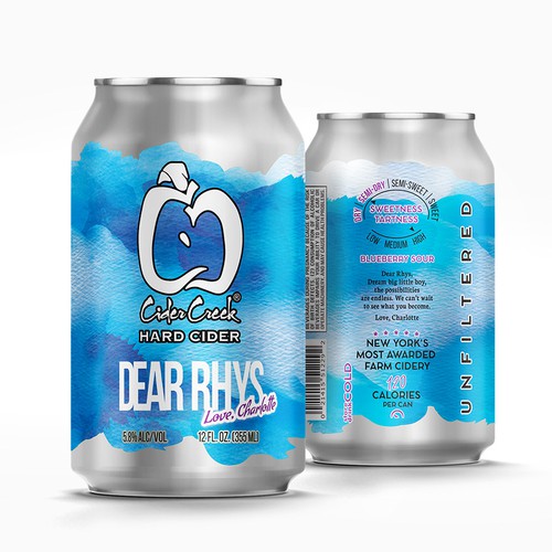 Watercolor label with the title 'Cider "Dear Rhys, Love Charlotte"'