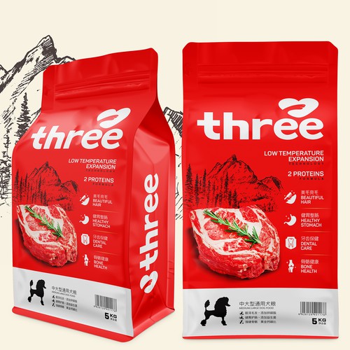 Meat packaging with the title 'THREE PACKAGING OF PET FOOD'