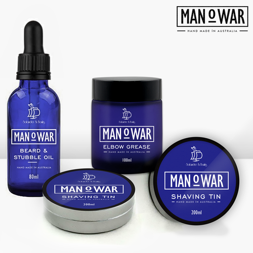Stylish packaging with the title 'packaging design for man o war - grooming'