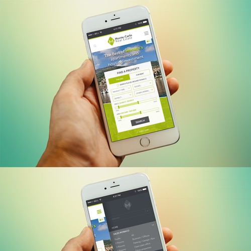 Real estate website with the title 'Monte Carlo - Homepage Mobile Mockup'