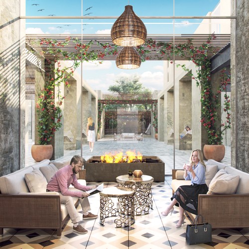 Rendering design with the title 'Interior render for a Hotel Lobby'