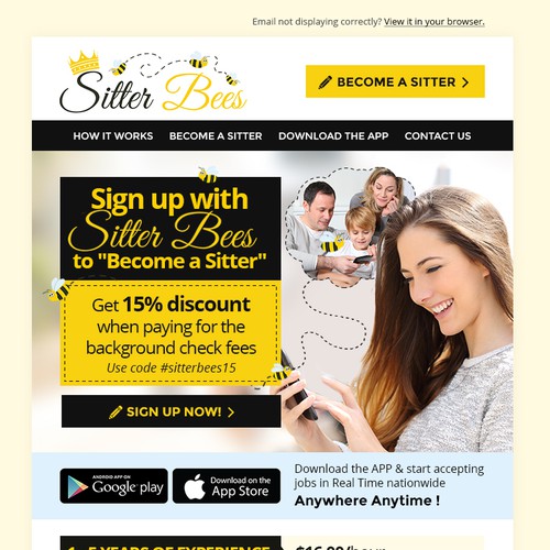 Call to action design with the title 'Sitter Bees email design'