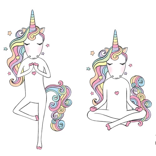 Yoga illustration with the title 'Unicorns doing yoga'