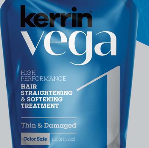 Blue packaging with the title 'Kerrin Vega - Packaging Design'