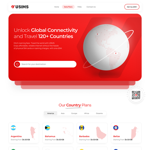 CRM design with the title 'Global eSIM provider USIMS Landing page'