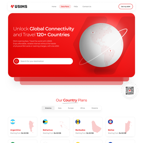 Mobile app website with the title 'Global eSIM provider USIMS Landing page'