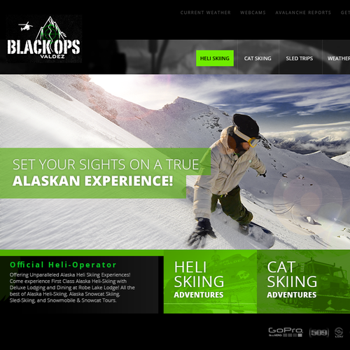 Black website with the title 'Bold modern website for an skiing adventure company'