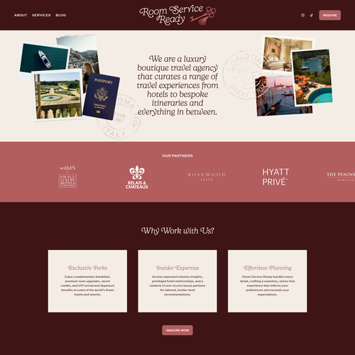 Travel design with the title 'Room Service Ready — Custom Branding & Luxury Website Design'