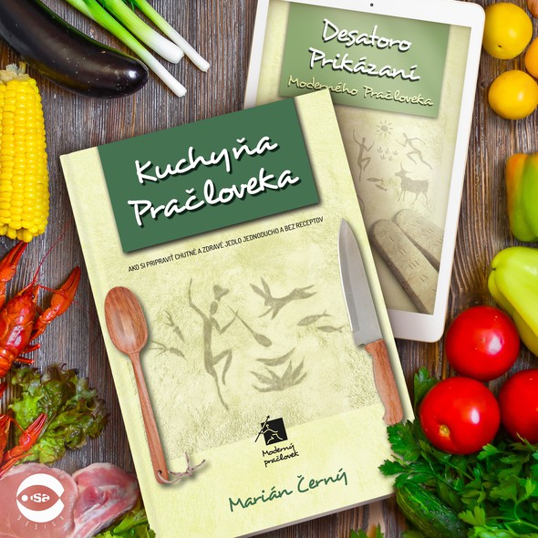 Food book cover with the title 'Book covers for "Moderný Pračlovek" series (Modern Caveman) by Marián Černý'