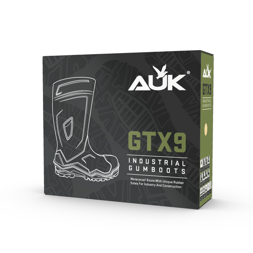 Shoe packaging with the title 'GTX9 Industrial Gumboots'