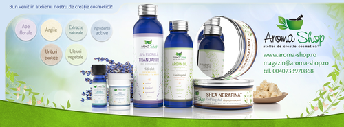 Skin care design with the title 'Facebook cover image for 'Aroma Shop' (RO)'