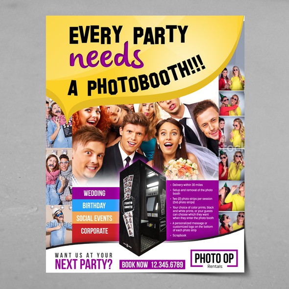 Photo booth design with the title 'Create eye catching print media for photo booth rental company'