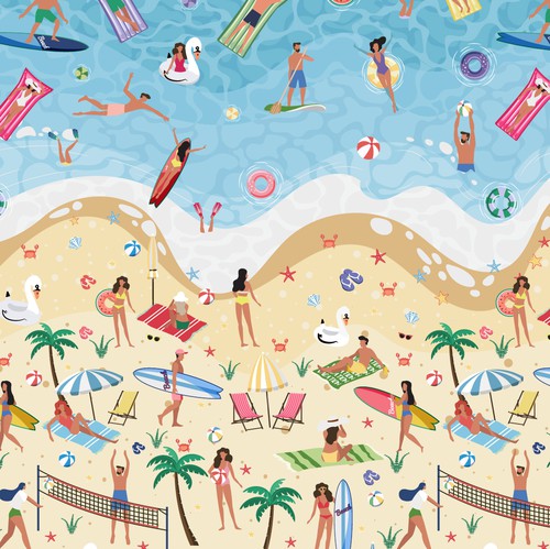 Summer illustration with the title 'Beach themed pattern design for outdoor used tablecloth'