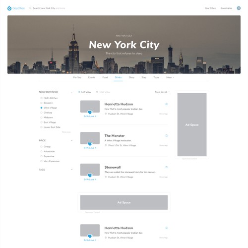 Layout design with the title 'GayCities Website Redesign - Part 1'