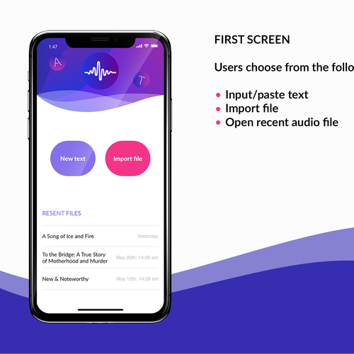 Speech design with the title 'Text to speech app'