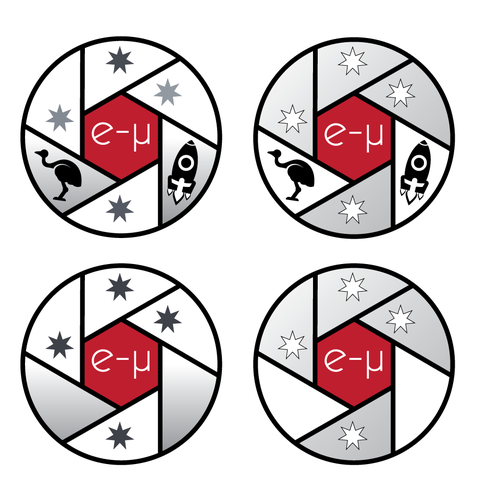 Lens logo with the title 'e - µ: Space mission requires logo - will be flown!'