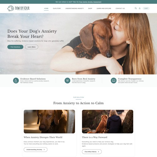 Wellness website with the title 'Paw by Four – Shopify Website Design for a Dog Anxiety & Wellness Brand'