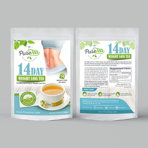 Stand-up pouch design with the title 'Pure Tea packaging design'