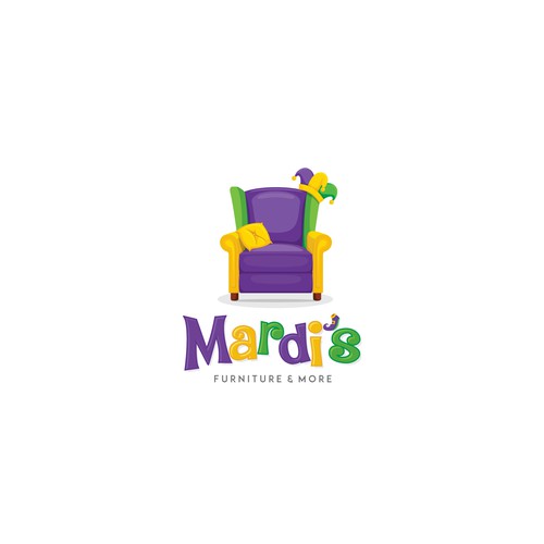 Festival logo with the title 'Furniture & Home Store -mardi gras with jester on a couch theme'