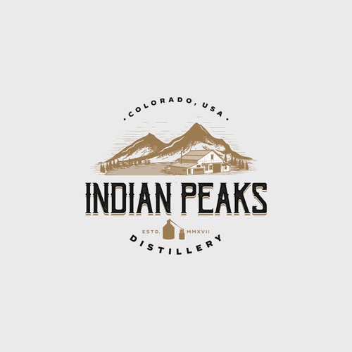Brown logo with the title 'Logo Design for Indian Peaks Distillery'