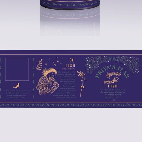 Purple packaging with the title ' Design and illustration for Astrology Tea Company'